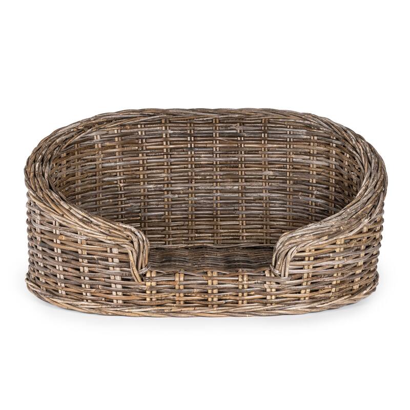 Elevated 27.5" x 17" Bohemian Handwoven Rattan Dog Daybed with Machine-Washable Cushion, Natural