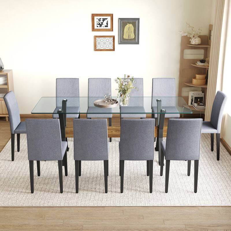 79" Dining Table Set for 10, Tempered Glass Kitchen & Dining Table with 10 Dining Chairs, Modern 11 Piece Family Dining Set