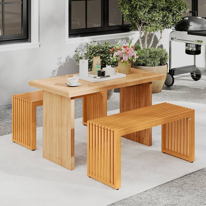 Gymax 2 PCS 36 Inch Patio Bench All-Slat Acacia Wood Loveseat for 2