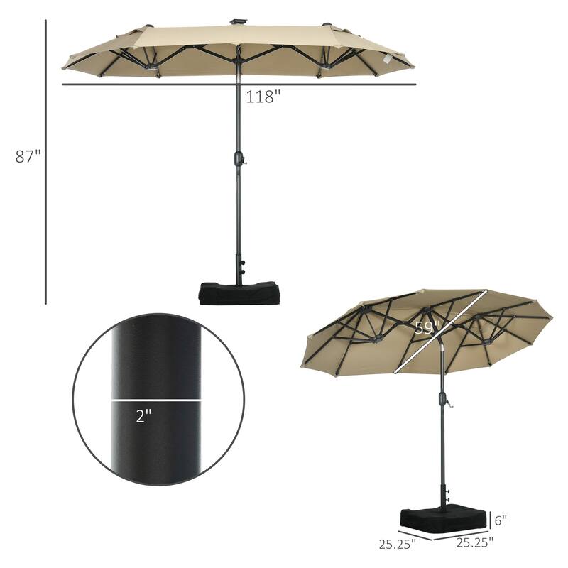 Outsunny Double-sided Patio Umbrella with Solar Lights and Sandbag Base, Outdoor Table Umbrella with Push Button Tilt, Crank