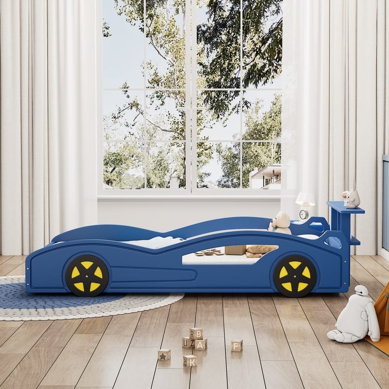 Wooden Twin Size Race Car Bed, Car-Shaped Platform Kids Bed Frame with ...