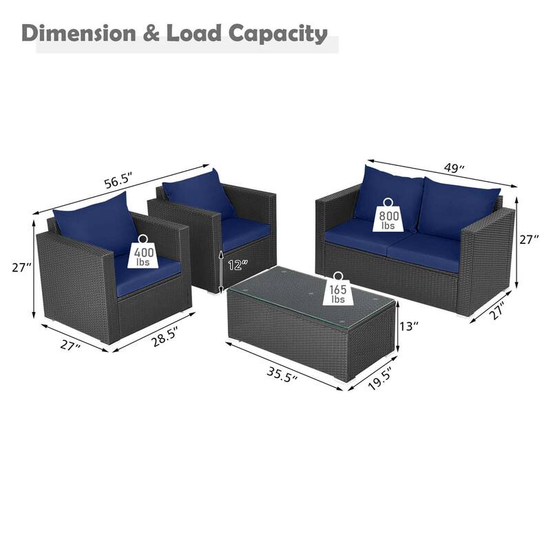 Gymax Set of 4 Rattan Furniture Set Cushioned Sofa Chair Coffee Table