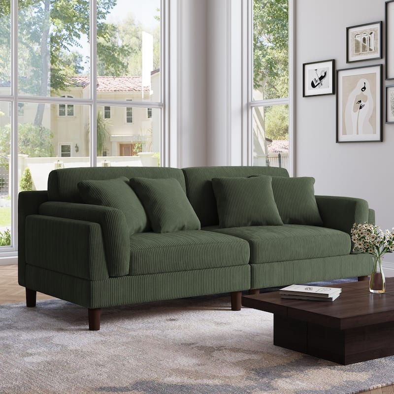 90.2"W Corduroy Upholstered 2 Seater Living Room Sofa - Green-4Pillows