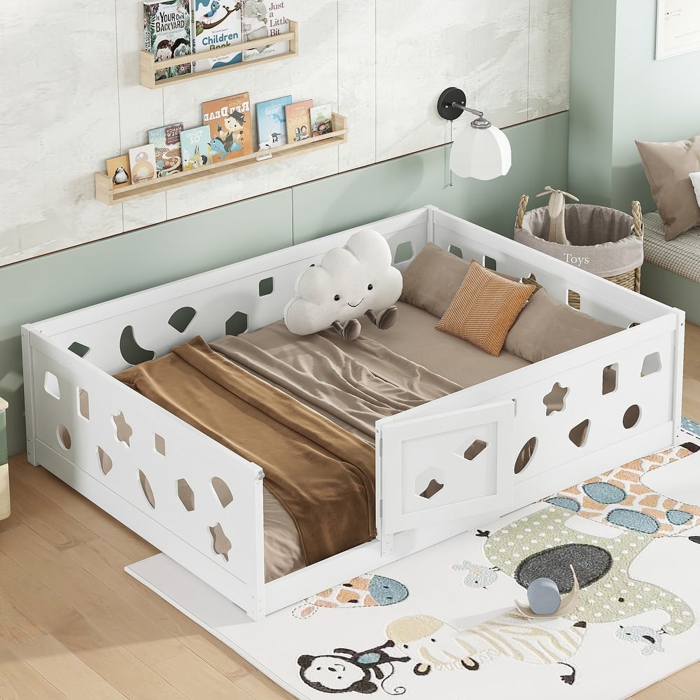White Bed Frame Montessori Bed Twin Size Toddler Floor Bed with Guardrails and Door for Children Boys Girls Kids Playroom