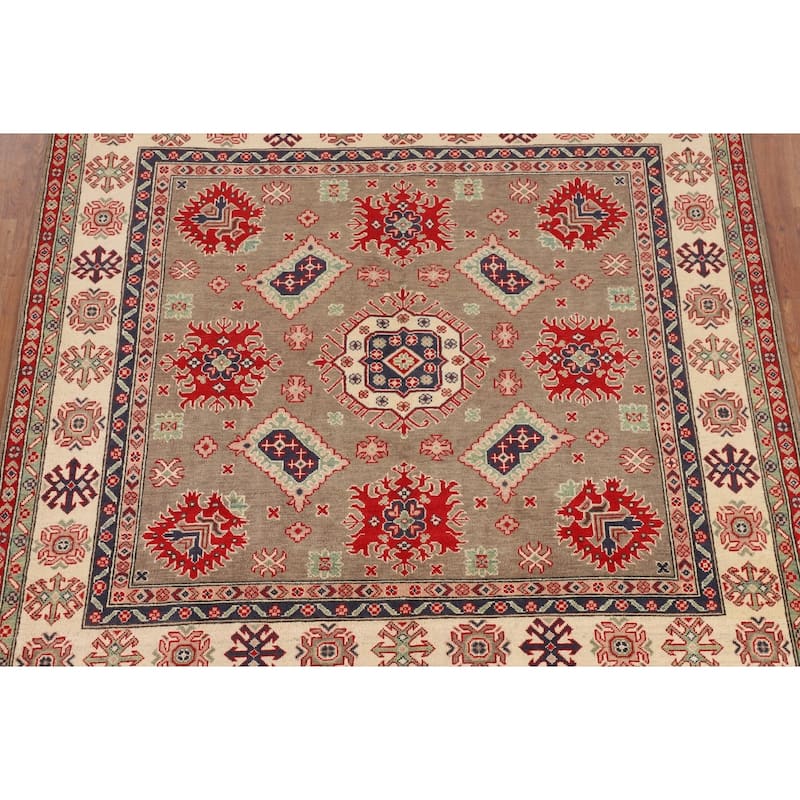 Geometric Kazak Oriental Square Area Rug Hand-Knotted Wool Carpet - 6'8" x 6'6"