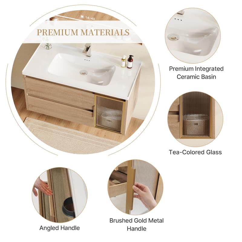 35.8" Single Bathroom Vanity with Sink, Glossy Stone Table top, Not Assembled need - 36"