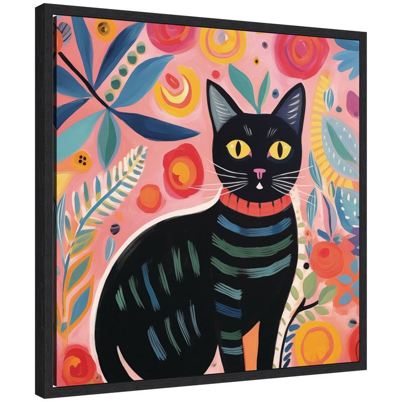 Kate and Laurel Sylvie Black Cat Botantical Pink Framed Canvas by The Creative Bunch Studio - 22x22