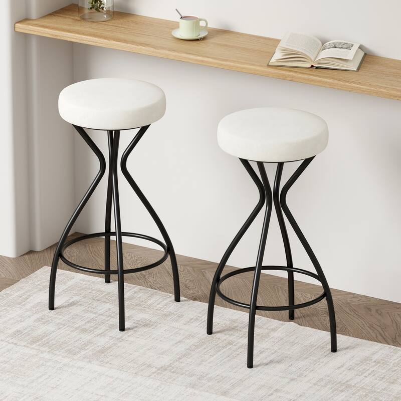 Set of 2 Modern Backless Bar Stools, Round Upholstered Velvet Counter Stools for Kitchen Island - Black & Creamy White