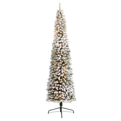 9ft. Flocked Pencil Artificial Christmas Tree with 600 Clear Lights and 896 Branches - Sleek Snowy Holiday X-Mas Tree