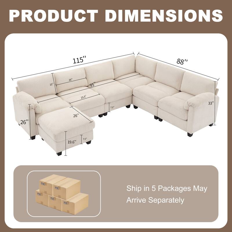 Corduroy Corner Sectional Sofas with a Removable Ottoman, L-shaped Reversible 7-seat Modular Couch