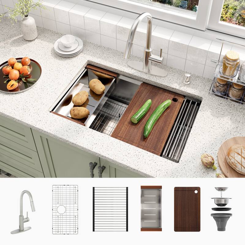 Nano Brushed Stainless Steel Undermount Workstation Kitchen Sink with Touchless Pull-Down Kitchen Faucet and Accessories