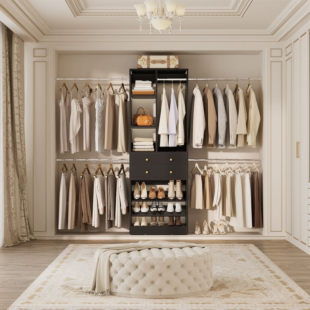 Closet Organizer with 5 Hanging Rods and 2 Drawers, Adjustable Closet System with Shelves and Shoe Rack