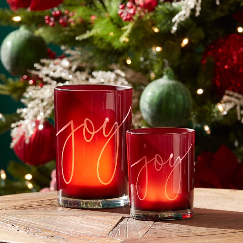Red Glass Painted Candle Holders Set of 2 with Joy Message for Pillar and Votive Use - 4.5” x 4.5” x 7” (L x W x H)