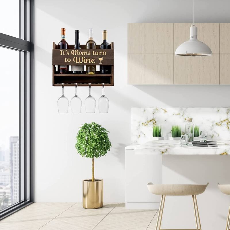 "Its Mom Turn to Wine" Wall Mounted Wine Rack -Unique Wine Gifts for Her -4 Wine Glasses Included
