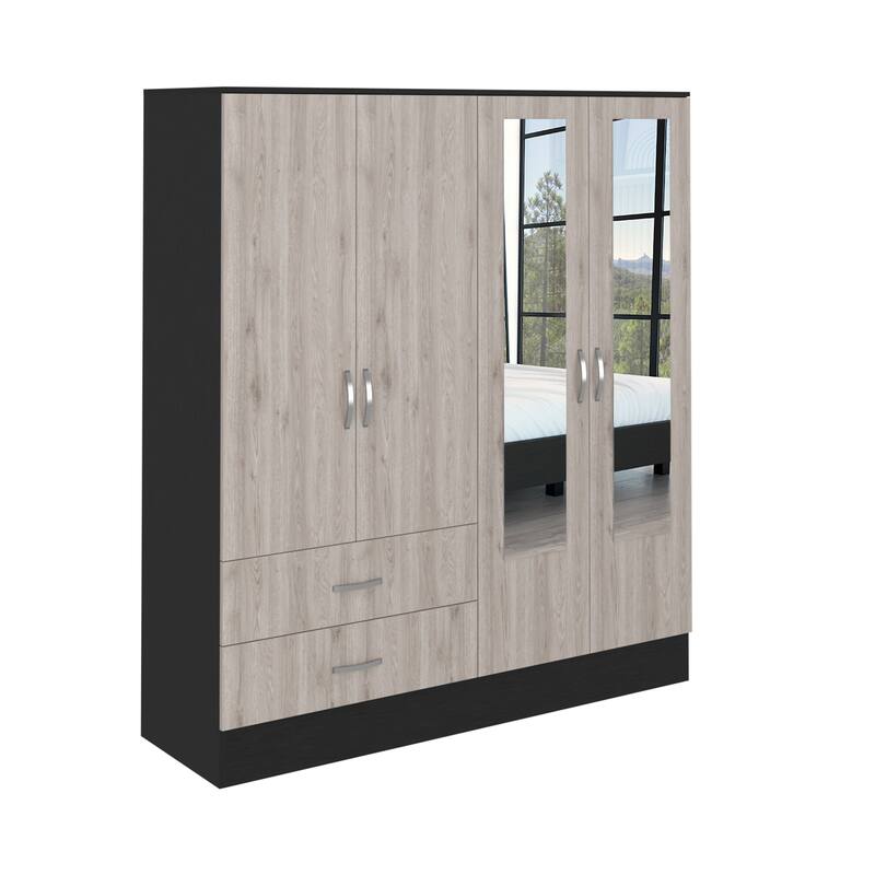 63" Modern Mirrored Armoire with Hanging Rod, Six Shelves and Two Drawers for Bedroom