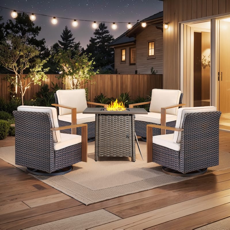 Pocassy 5-Piece Outdoor Swivel Chair with Fire Pit Table Set - Beige cushion - Brown Wicker