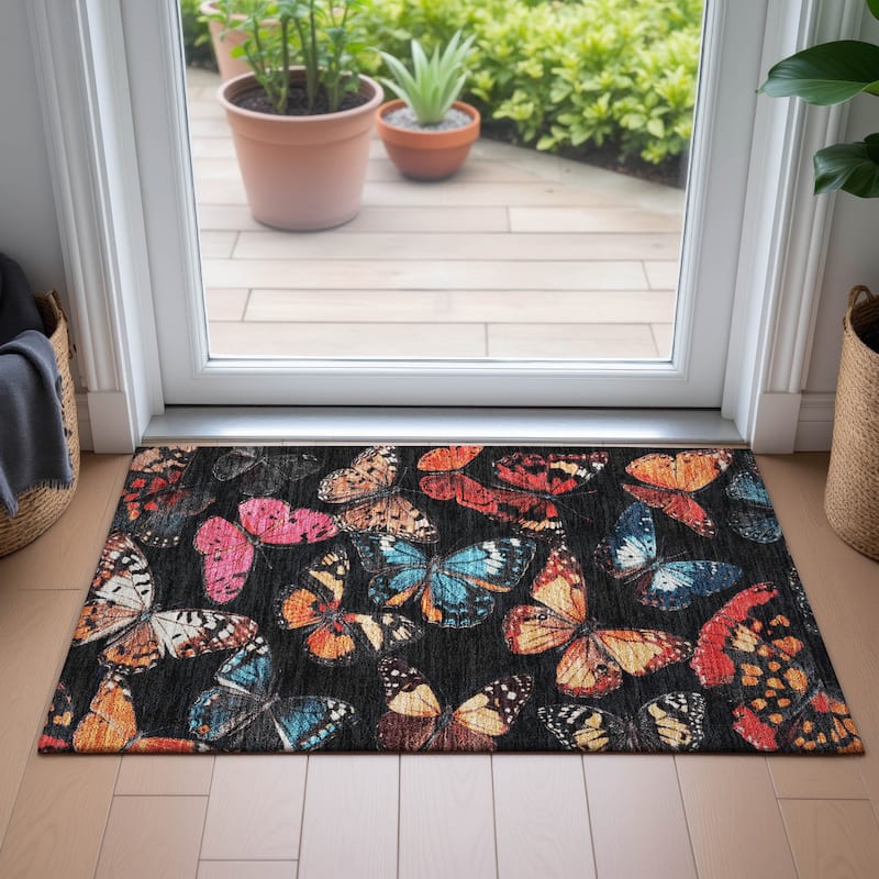 Machine Washable Indoor/Outdoor Butterflies Chantille Rug