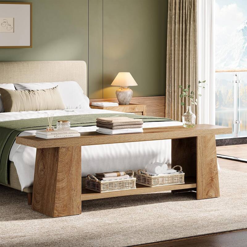 2-Tier Entryway Bench with Storage Shelves for Entryway, Bedroom, Living Room, Natural