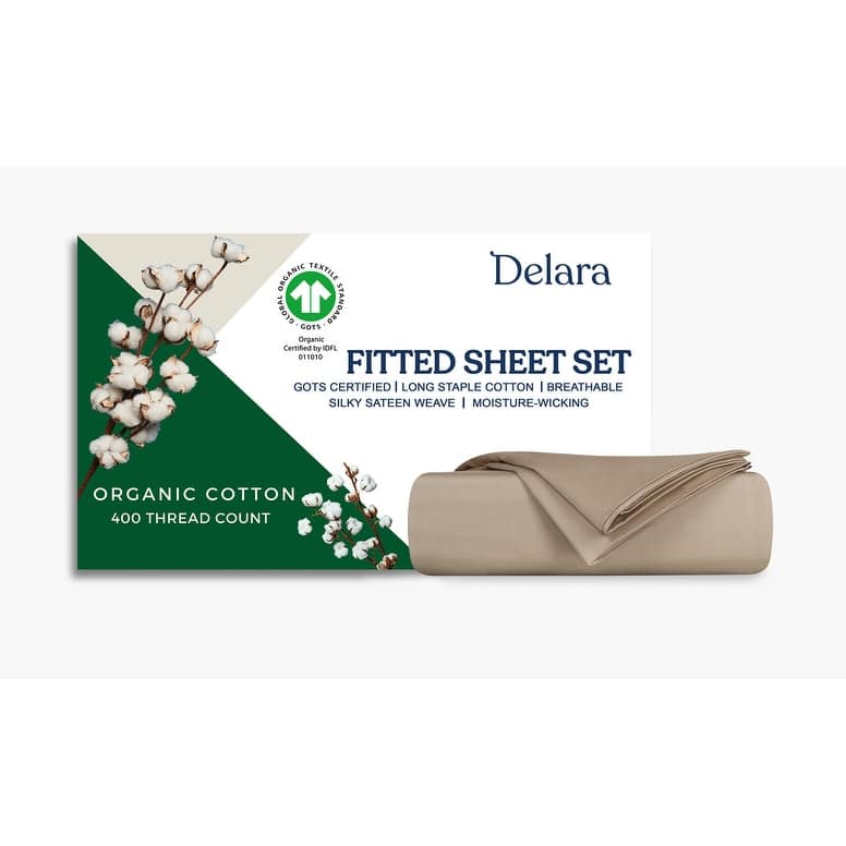 Delara GOTS Certified 100% Organic Cotton Fitted Sheet Set, 400TC Long Staple Cotton, Moisture-Wicking, Smooth & Breathable
