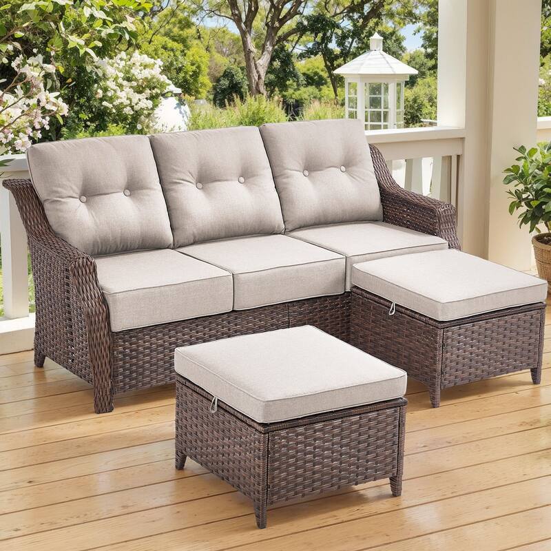 Gymojoy 3-Piece Wicker Patio Furniture Ottoman & Sofa Set, 6-Inch Ultra Thick Cushioned - Brown Wicker / Beige Cusion - 3-Piece