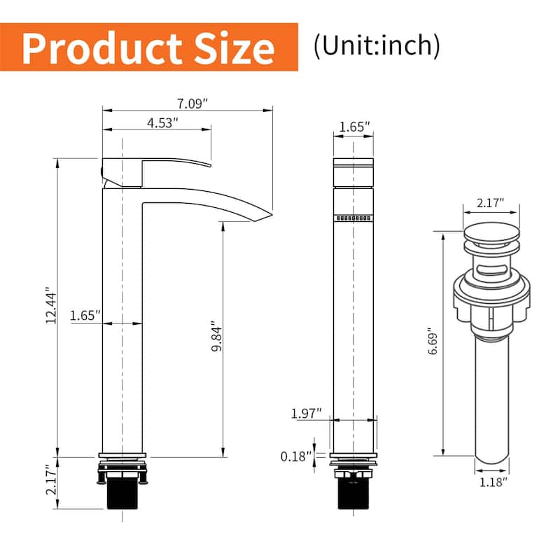 Waterfall Single Handle Bathroom Vessel Sink Faucet with Pop-up Drain 304 Stainless Steel 1 Hole High Tall Basin Vanity Faucets