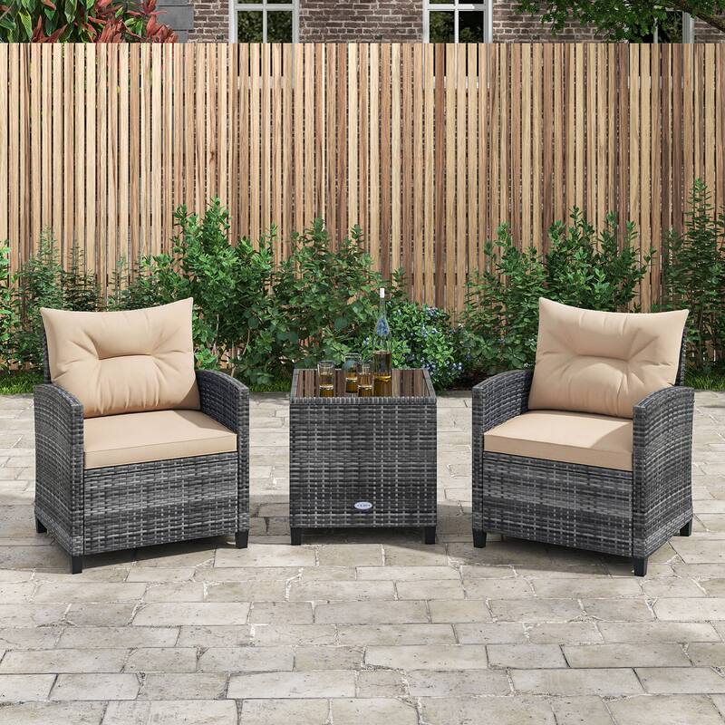 Gymax 3PCS Patio Rattan Furniture Bistro Set Cushioned Sofas Side