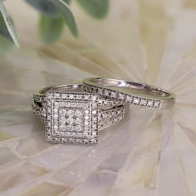 Auriya 3/5ctw Square Halo Diamond Engagement Ring Set 14k Gold