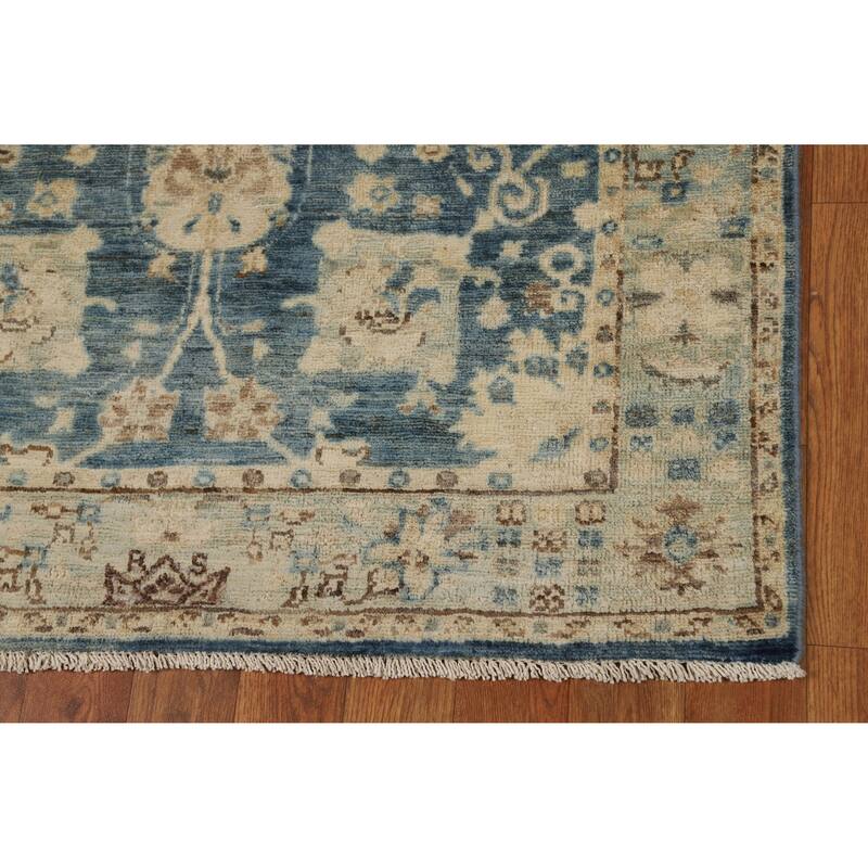 Vegetable Dye Oushak Turkish Runner Rug Handmade Blue Wool Carpet - 3'2" x 11'7"