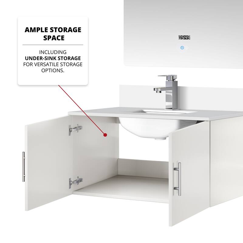 36" Bathroom Vanity with Marble Top, Stainless Steel Faucet, 36x32 Mirror Included, Scratch & Stain Resistant Surface