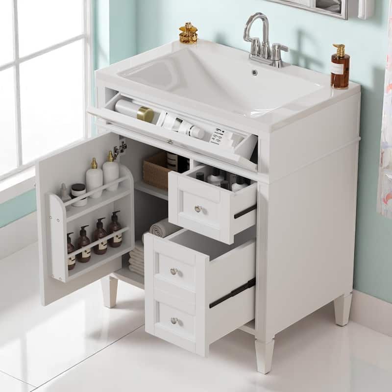 30 Inch Bathroom Vanity with Sink, 3 Drawers and Door Organizer, Resin Top, Solid Wood & MDF Cabinet
