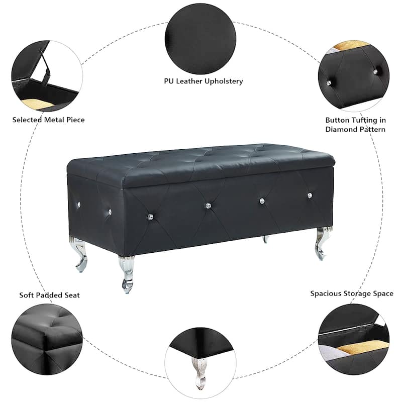 Luxury Storage Ottoman Bench, PU Upholstered Flip Top Ottoman