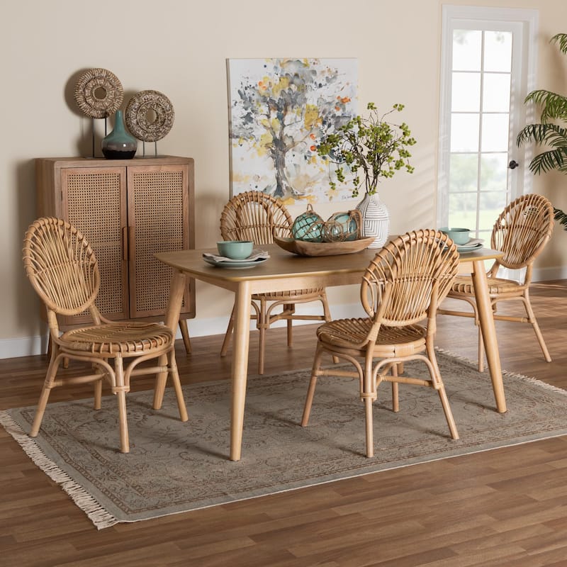 Iris Modern Bohemian Natural Brown Rattan 5-Piece Dining Set