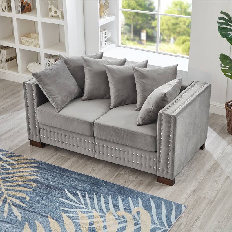 Velvet Loveseat Sofa with Storage, Comfy Upholstered Deep Seat Sofa, 2-Seater Sofa with Nailhead Trim & 6 Throw Pillows
