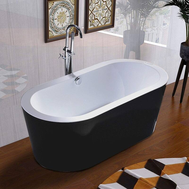 Vanity Art 67.7" Freestanding Black Acrylic Bathtub Stand Alone Soaking Tub with Polished Chrome Round Overflow & Pop-up Drain