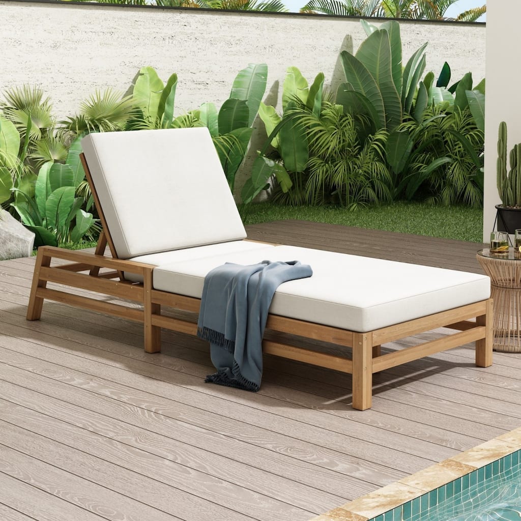 5-Position Adjustable Outdoor Solid Acacia Wood Chaise Lounge Chair w/Cushions for Garden, Balcony & Deck - N/A