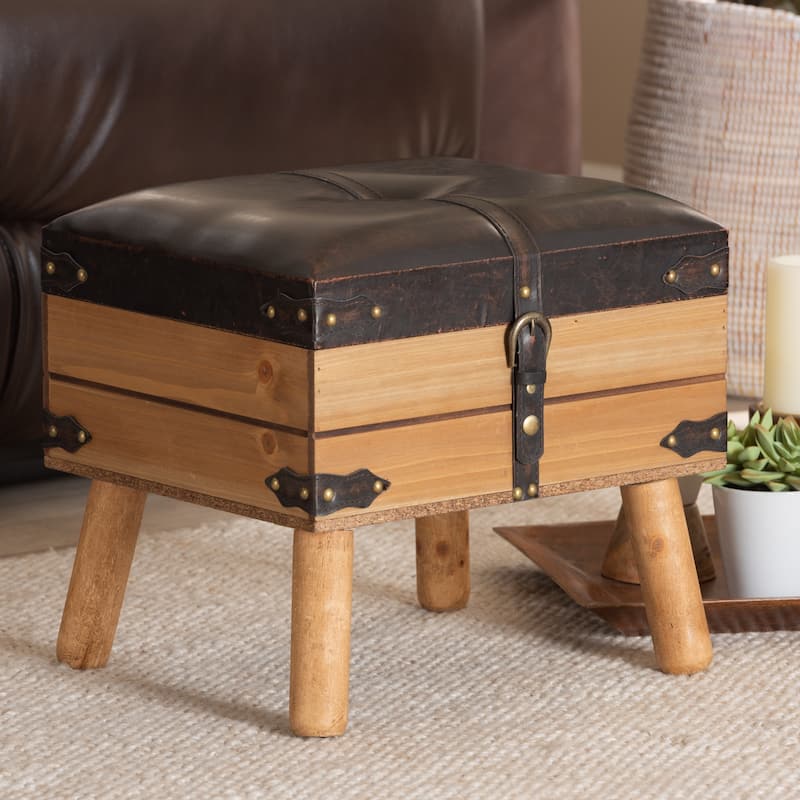 Amena Dark Brown PU Leather and Oak Wood Small Storage Ottoman