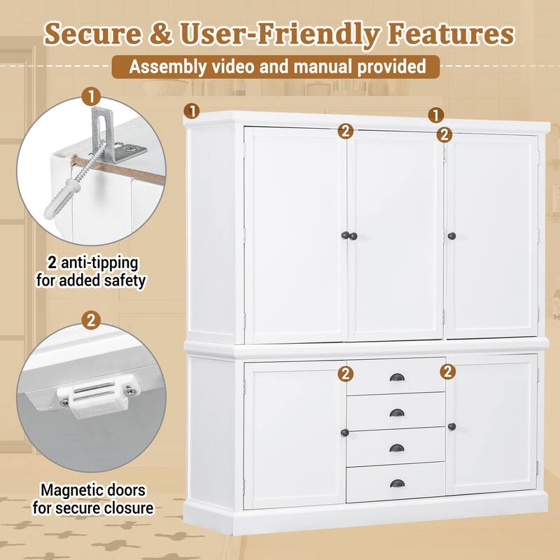 Roomfitters Kitchen Pantry Organizers and Storage Kitchen Cabinet, Hutch with Microwave Stand, 4 Drawers, Spice Racks