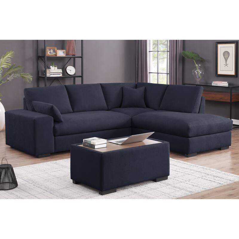 100"W Dark Gray Woven Fabric Sectional Sofa with Chaise, Console Ottoman & 2 Pillows