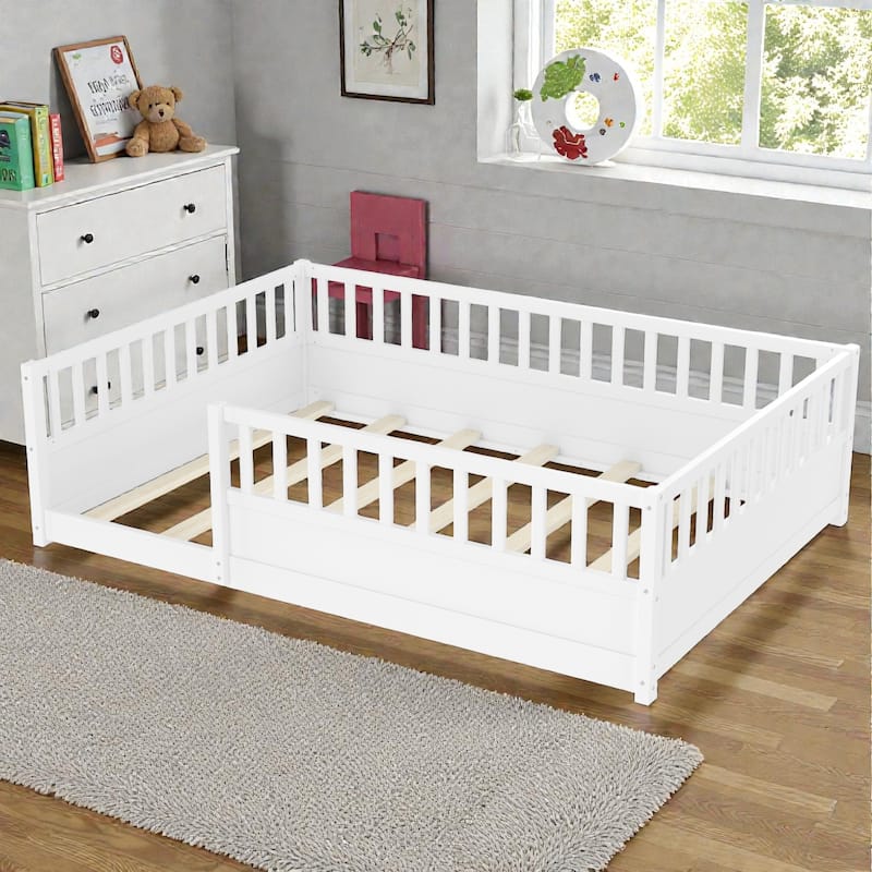 Montessori Wooden Floor Bed with High Safety Fence and Door, Pine Kids Floor Bed Frame for Boys and Girls