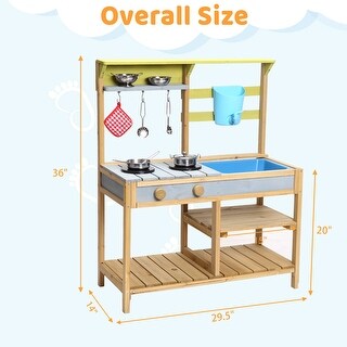 Wooden Play Kitchen,Outdoor Mud Kitchen with Removable Sink & Faucet, Water Box, Stove Top