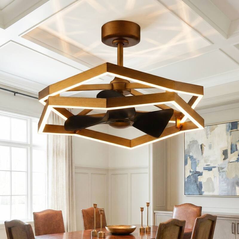 31" Antique Brass Geometric Dimmable Fandelier Caged Ceiling Fan with Light and Remote