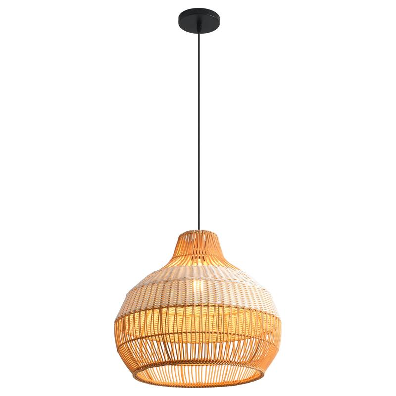 17" Bohemian Round Woven Wicker Adjustable Pendant Hanging Light for Dining Room