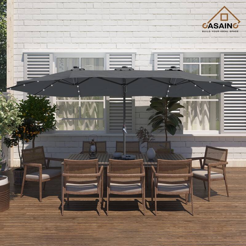 15-ft. Rectangular Crank Double-sided Outdoor Market Umbrella Solar LED Lighted Patio Umbrella with Base Included - Dark Gray