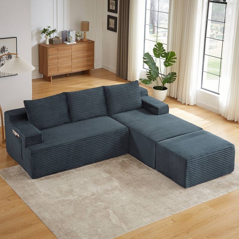 Corduroy Upholstery Cloud Modular Sectional Sofa with Chaise and Pillows, All-Foam Compression Design