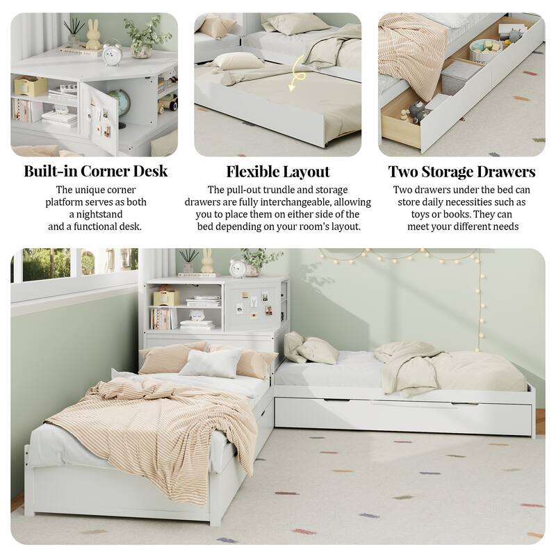 L-Shaped Combination Twin Bed Frame with Trundle and Drawer