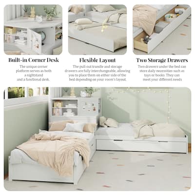 L-shaped Twin Size Floor Bed with Trundle and Drawers, 3-in-1 Corner Low Profile Platform Bed with Bookcase Built-in Downlights