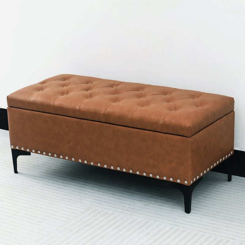 Adeco Rectangle Storage Ottoman 38" Button Tufted Long Bench with Metal Legs