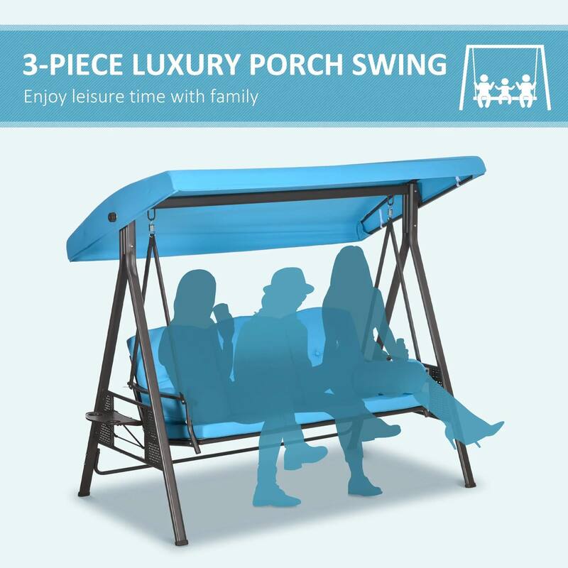 3-Seat Patio Swing Chair, Adjustable Canopy, Side Trays, Comfort Set