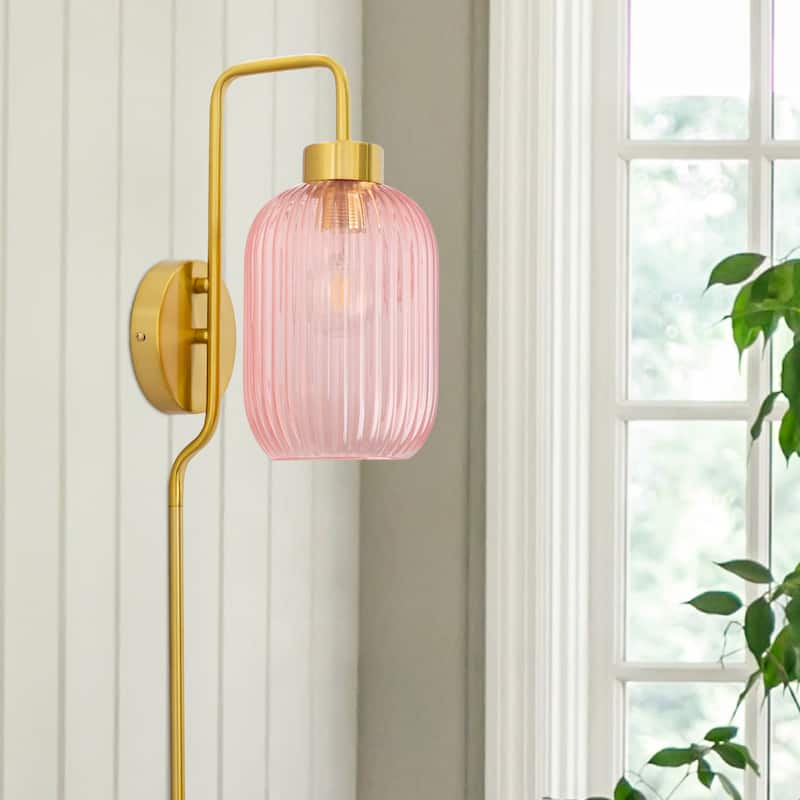 Adrienne River of Goods Pink Glass and Metal Retro Wall Sconce - 5.375" x 8.625" x 32.25"