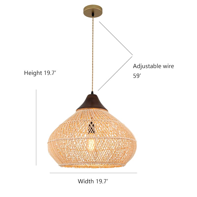 Zula Coastal Large Rattan Pendant Light in Brass Rustic Wood Accent Ceiling Light - 19.7